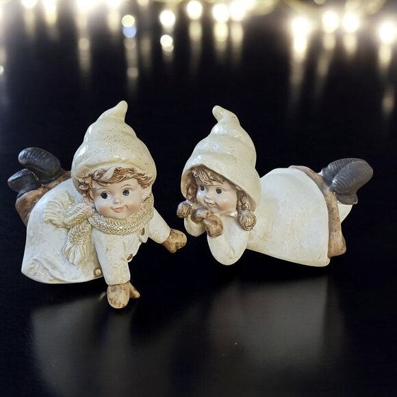 Vintage Adorable Winter Children Figurines – Cozy Winter Snow Play - Set of Two - Picture 1 of 12